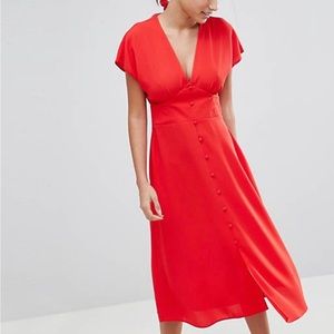 NWT ASOS Red Plunge V-neck Button Front Midi Dress Sz 14